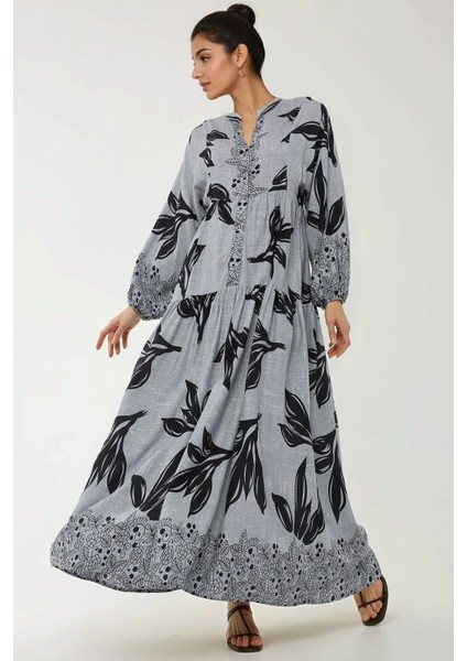 Kadın Baskılı Uzun Kol Viskon Modest Elbise Lacivert