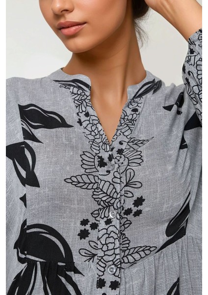 Kadın Baskılı Uzun Kol Viskon Modest Elbise Lacivert indirimleri