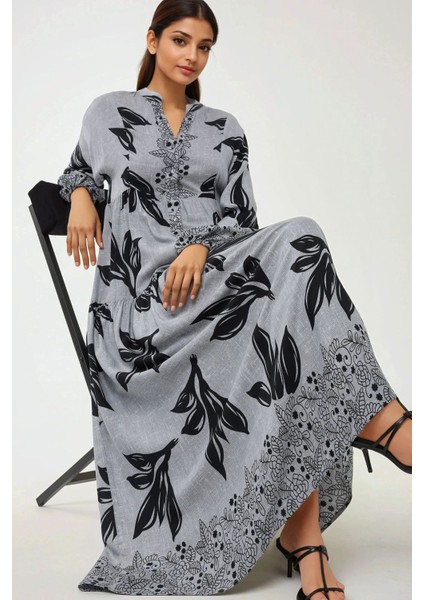 Kadın Baskılı Uzun Kol Viskon Modest Elbise Lacivert