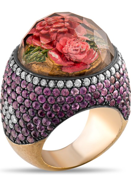 9.35 Karat Pırlanta Ametist Yüzük, Gül Motifli, Gerçek Pırlanta, Mücevher Sertifikalı