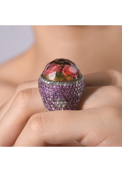 9.35 Karat Pırlanta Ametist Yüzük, Gül Motifli, Gerçek Pırlanta, Mücevher Sertifikalı fiyatları