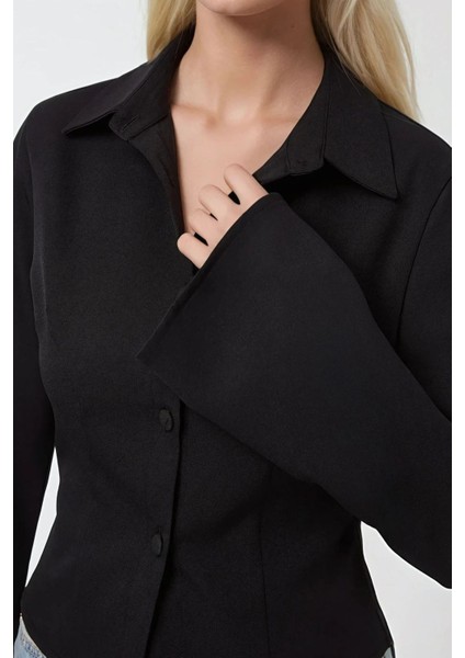 Kadın Fitted Uzun Kollu Pamuklu Gömlek Black fırsatları