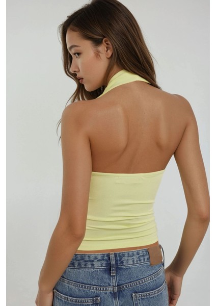 Kadın Dar Kesim V Yaka Örme Üst Limon Sarısı modelleri