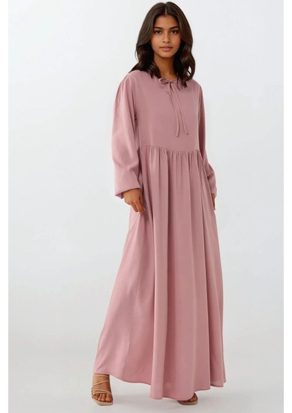 Kadın A-Form Fit ve Bisiklet Yaka Modest Dokulu Elbise Allık Pembe