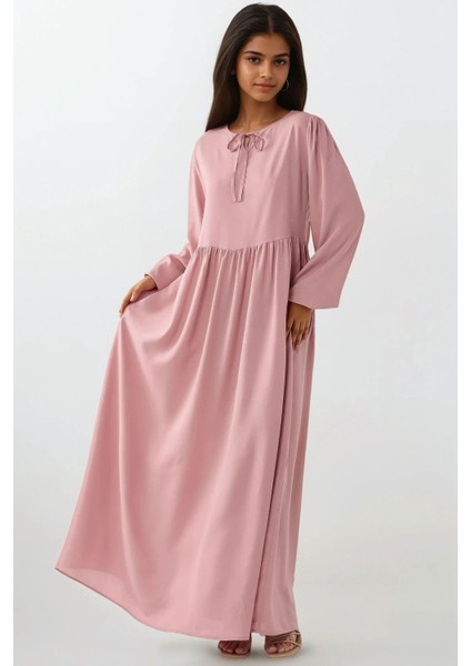 Kadın A-Form Fit ve Bisiklet Yaka Modest Dokulu Elbise Allık Pembe