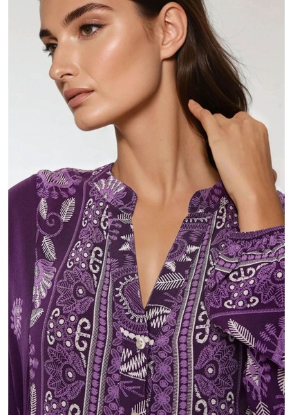 Kadın Baskılı Uzun Kol Viskon Modest Elbise Purple modelleri