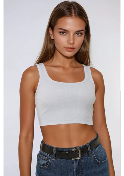 Kadın Basic Bisiklet Yaka Crop Üst White