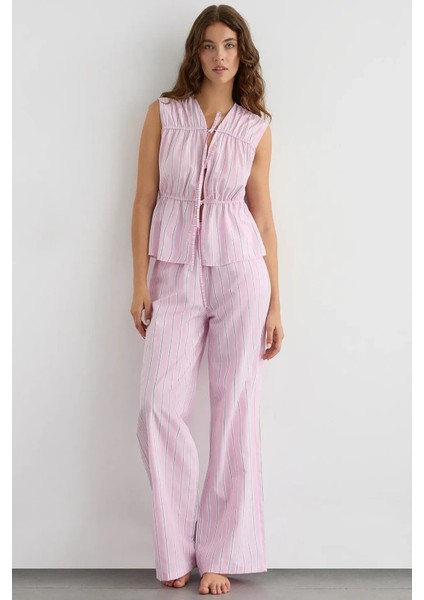 Kadın Fiyonk Detaylı Çizgili Bisiklet Yaka Bluz Pink