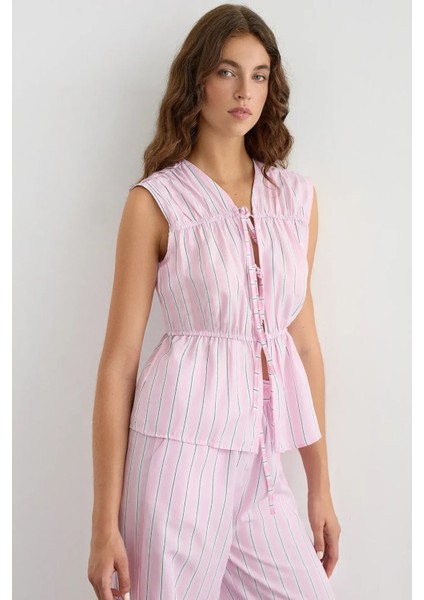 Kadın Fiyonk Detaylı Çizgili Bisiklet Yaka Bluz Pink fiyatları