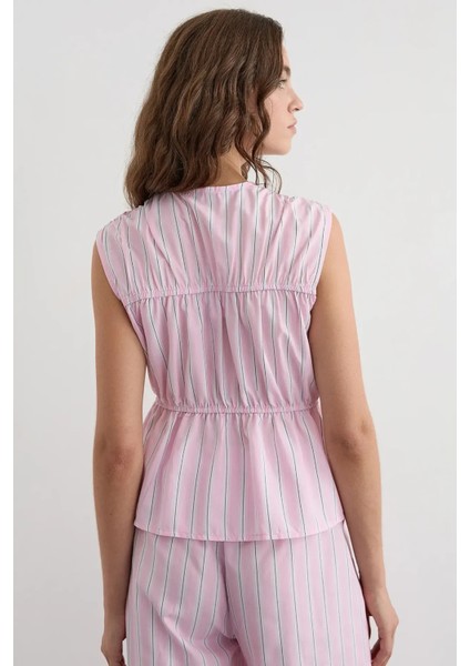 Kadın Fiyonk Detaylı Çizgili Bisiklet Yaka Bluz Pink fırsatları