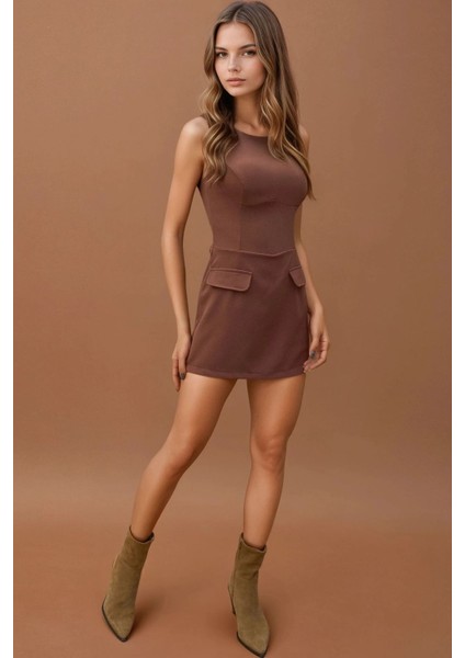 Kadın İçi Şortlu Cep Kapaklı Dar Mini Elbise Brown fırsatları