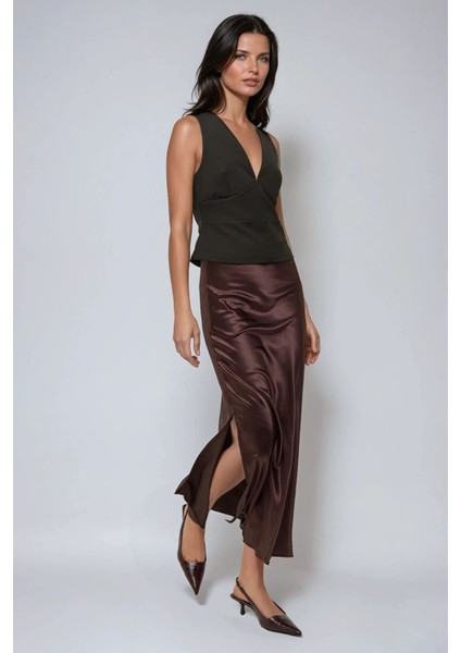Kadın Yırtmaçlı Maxi Saten Etek Brown fiyatları