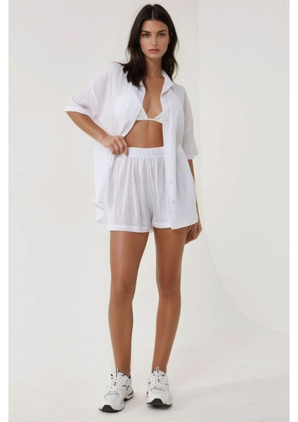 Kadın Çizgili Gömlek Yaka İki Parça Takım Beyaz indirimleri