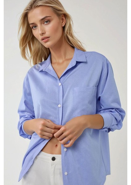 Kadın Regular Fit Uzun Kollu Keten Karışımlı Gömlek Blue