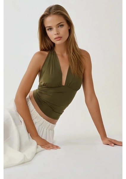 Kadın Derin V Yaka Slim Fit Örme Bluz Green