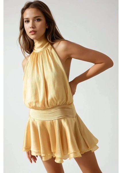 Kadın Dokulu Dik Yüksek Yaka Fırfırlı Mini Elbise Sarı