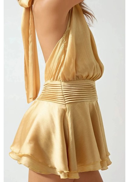 Kadın Dokulu Dik Yüksek Yaka Fırfırlı Mini Elbise Sarı fırsatları