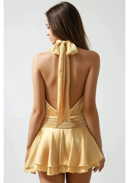 Kadın Dokulu Dik Yüksek Yaka Fırfırlı Mini Elbise Sarı indirimleri