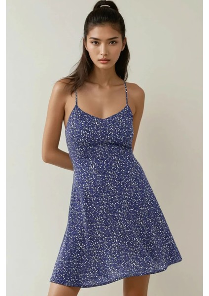 Kadın Çiçek Desenli Mini Elbise Mavi