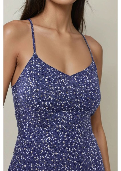 Kadın Çiçek Desenli Mini Elbise Mavi