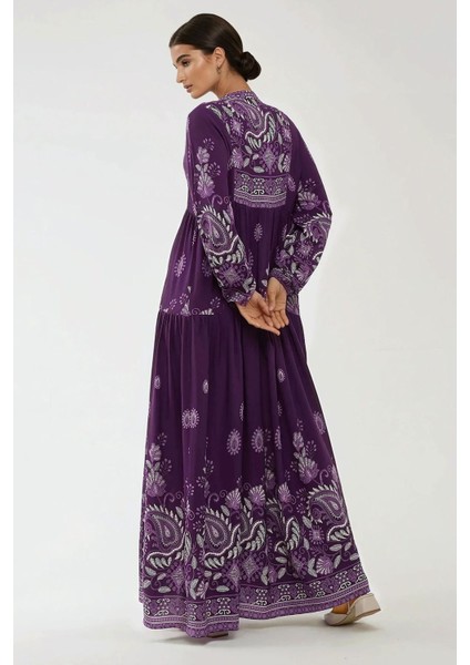 Kadın Baskılı Uzun Kol Viskon Modest Elbise Purple