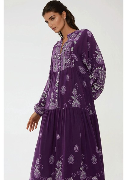 Kadın Baskılı Uzun Kol Viskon Modest Elbise Purple
