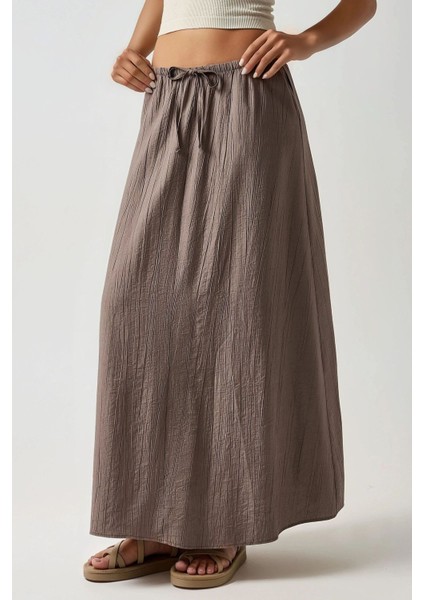 Kadın Yüksek Bel Dokulu Uzun Etek Grey