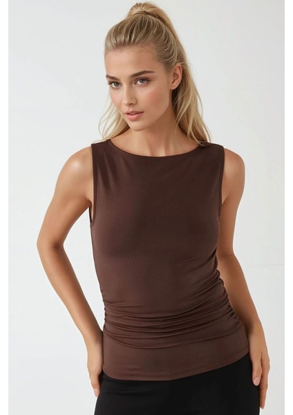 Kadın Dar Kesim Düz Yakalı Örme Üst Brown fırsatları