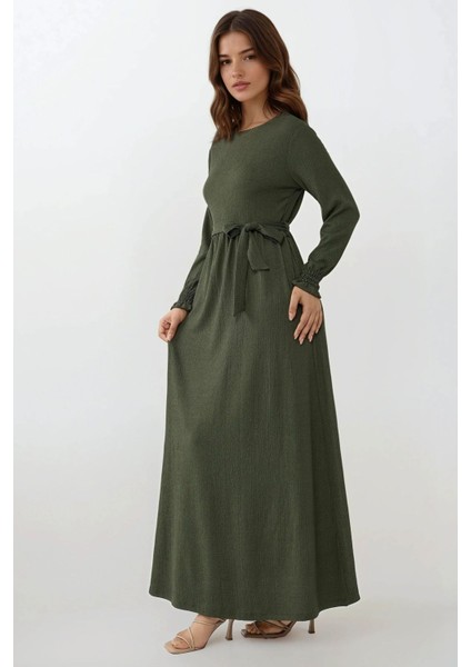 Kadın Dokulu Bisiklet Yaka Kuşaklı Modest Elbise Black fiyatları