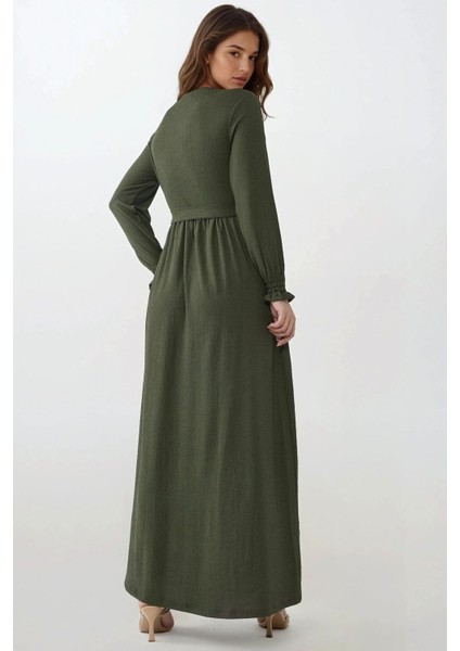 Kadın Dokulu Bisiklet Yaka Kuşaklı Modest Elbise Black modelleri