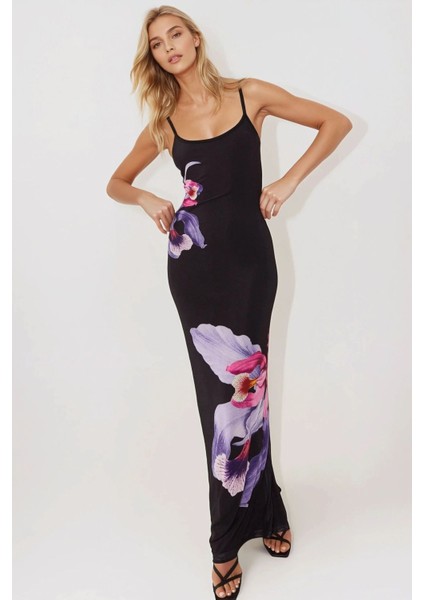 Kadın Askılı Çiçek Desenli Bodycon Uzun Elbise Black indirimleri