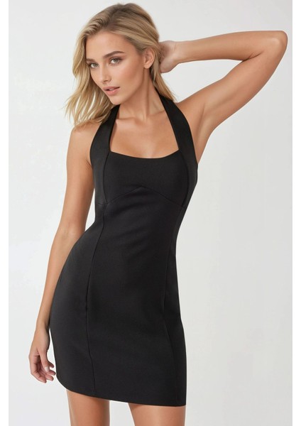 Kadın Kare Yaka Fitted Dokuma Mini Elbise Siyah