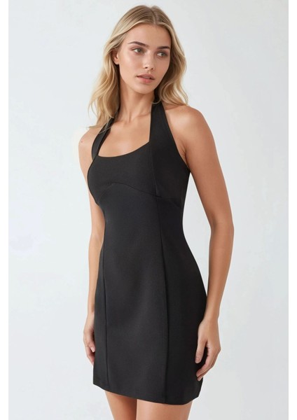 Kadın Kare Yaka Fitted Dokuma Mini Elbise Siyah fiyatları