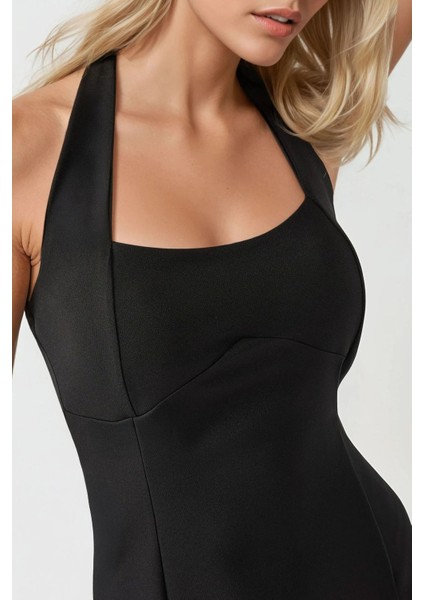 Kadın Kare Yaka Fitted Dokuma Mini Elbise Siyah