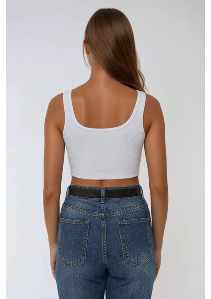 Kadın Basic Bisiklet Yaka Crop Üst White fırsatları