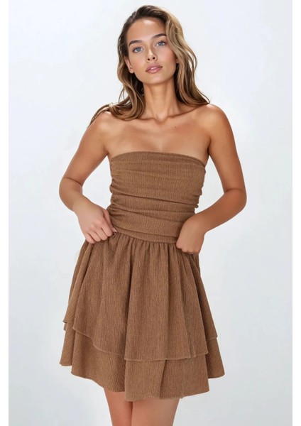 Kadın Straplez Fırfırlı Arkası Gipeli Mini Elbise Bej Doğal modelleri