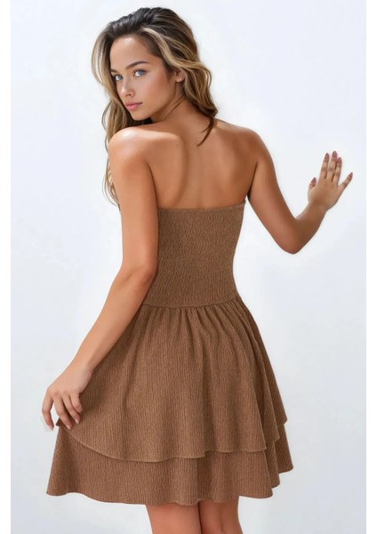 Kadın Straplez Fırfırlı Arkası Gipeli Mini Elbise Bej Doğal indirimleri
