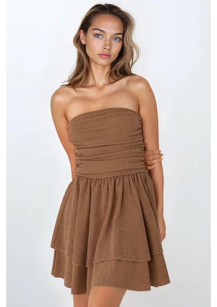 Kadın Straplez Fırfırlı Arkası Gipeli Mini Elbise Bej Doğal
