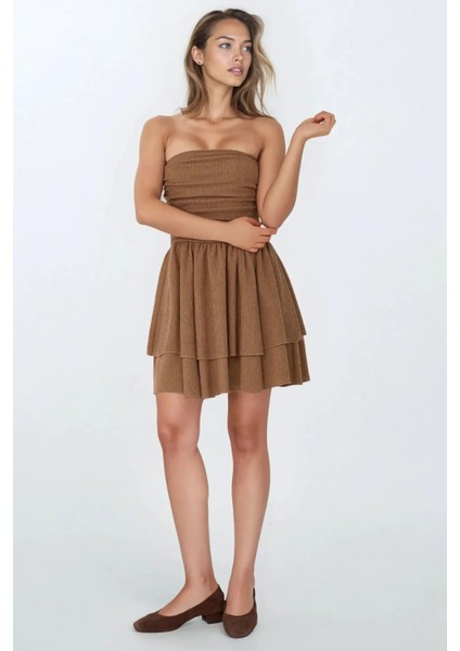 Kadın Straplez Fırfırlı Arkası Gipeli Mini Elbise Bej Doğal