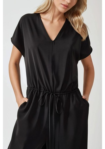 Kadın Geniş Paça V Yaka Beli Lastikli Tulum Siyah fiyatları