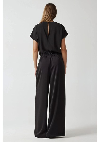 Kadın Geniş Paça V Yaka Beli Lastikli Tulum Siyah modelleri