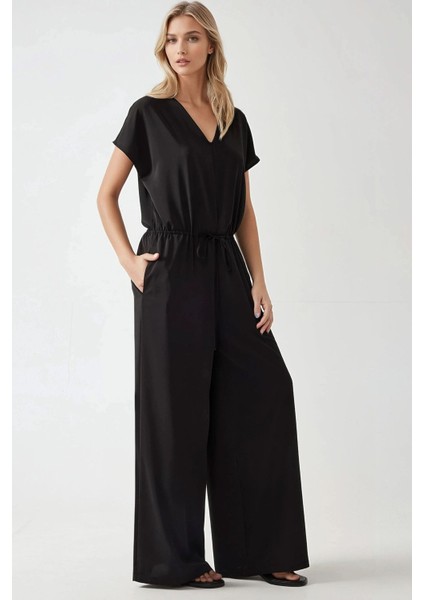 Kadın Geniş Paça V Yaka Beli Lastikli Tulum Siyah fırsatları