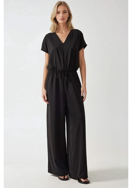 Kadın Geniş Paça V Yaka Beli Lastikli Tulum Siyah