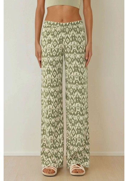 Kadın Yüksek Bel Geniş Paça Desenli Pantolon Green fiyatları