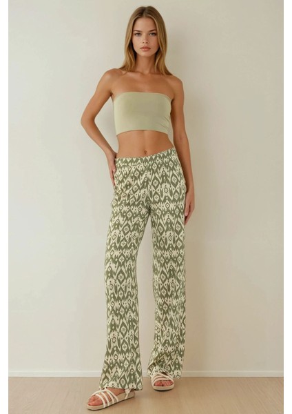 Kadın Yüksek Bel Geniş Paça Desenli Pantolon Green modelleri