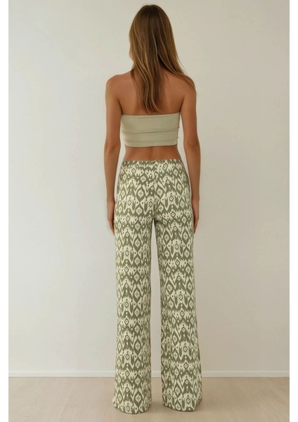 Kadın Yüksek Bel Geniş Paça Desenli Pantolon Green fırsatları