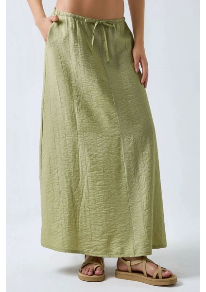 Kadın Yüksek Bel Dokulu Uzun Etek Zeytin Yeşili