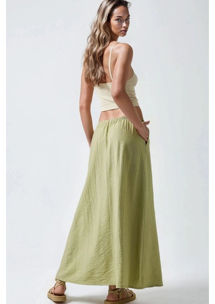 Kadın Yüksek Bel Dokulu Uzun Etek Zeytin Yeşili modelleri