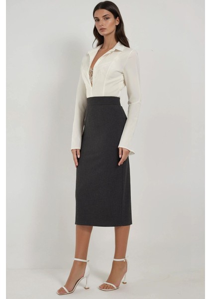 Kadın Yüksek Bel Midi Etek Kömür Grisi fiyatları