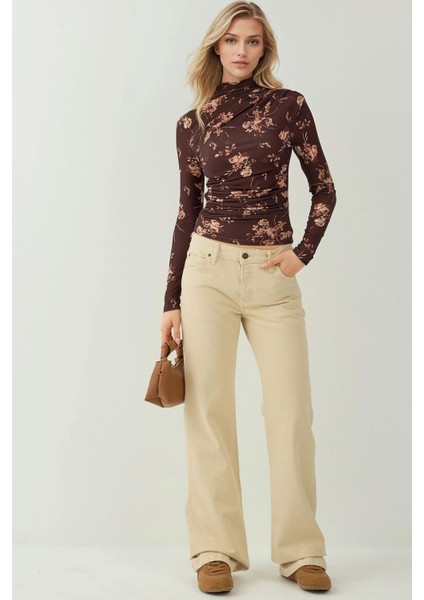 Kadın Desenli Dik Yaka Uzun Kollu Üst Koyu Mocha Kahve fırsatları